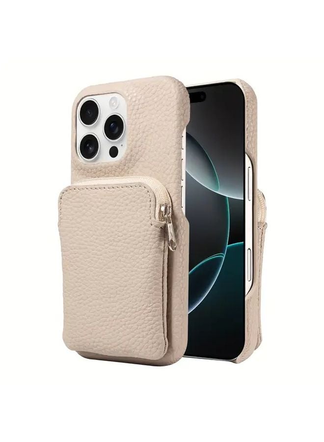 Beige Faux Leather Phone Case With Zipper Pouch For Galaxy S22 5G Drop Protection - Image 1
